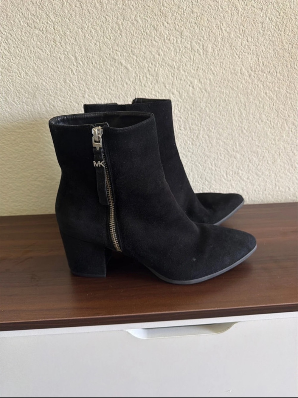 Michael Kors Black Suede Pointed-Toe Ankle Booties with Side Zip 8.5